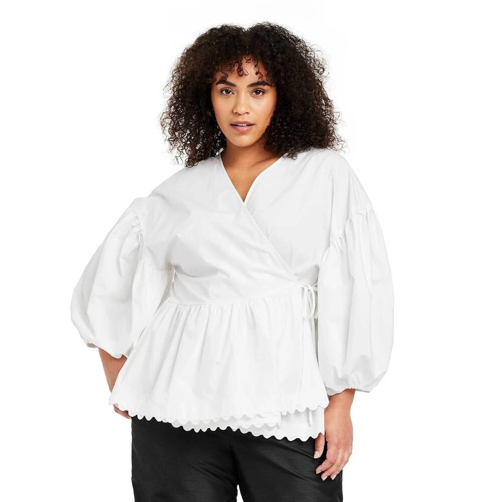 NWT Kika Vargas x Target Scallop Edge Wrap Top White Plus Size 1X Balloon Sleeve
